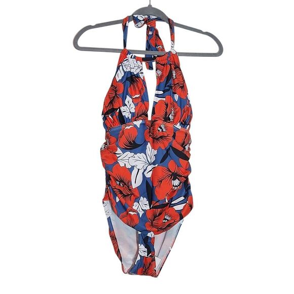 B2Prity Red and Blue Floral Print One-Piece Swimsuit NWT Size Large - Picture 1 of 11